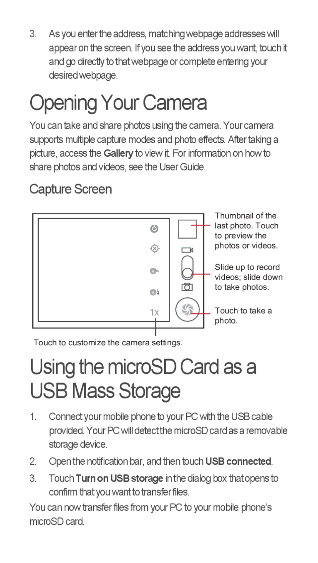 Huawei u8815 quick start Opening Your Camera, Using the microSD Card as a USB Mass Storage, Capture Screen 