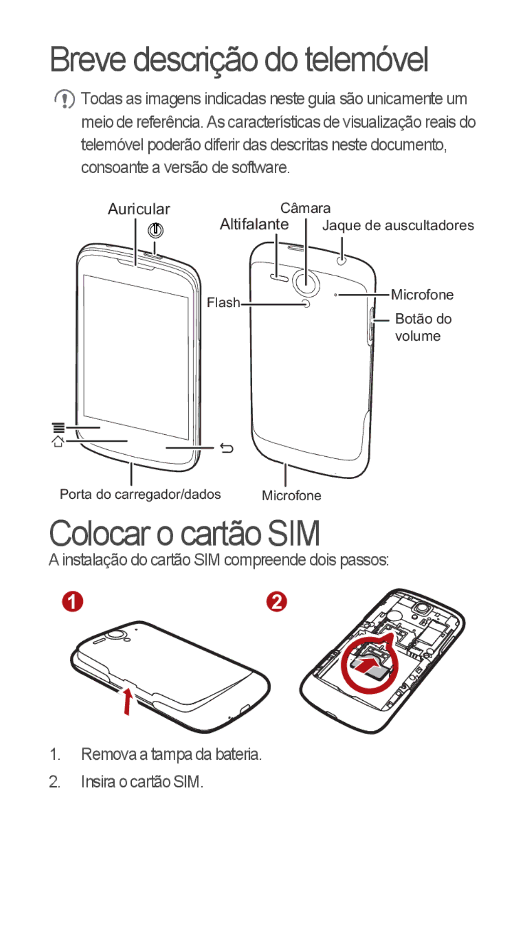 Huawei u8815 quick start Breve descrição do telemóvel, Colocar o cartão SIM 