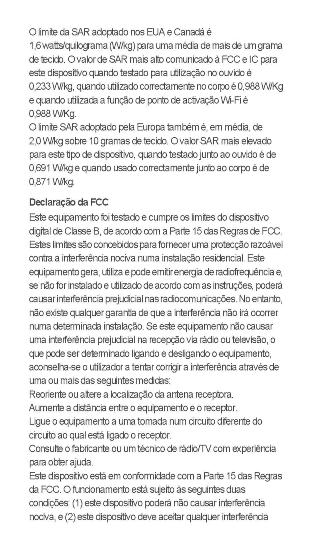 Huawei u8815 quick start Limite da SAR adoptado nos EUA e Canadá é, Declaração da FCC 