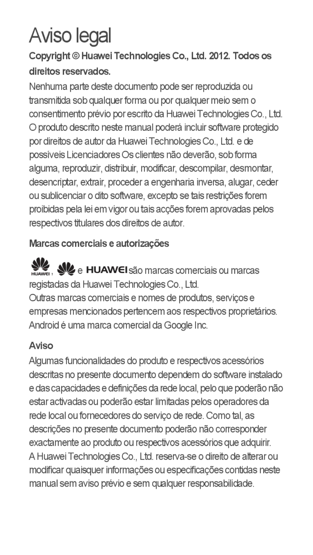 Huawei u8815 quick start Marcas comerciais e autorizações, Aviso 