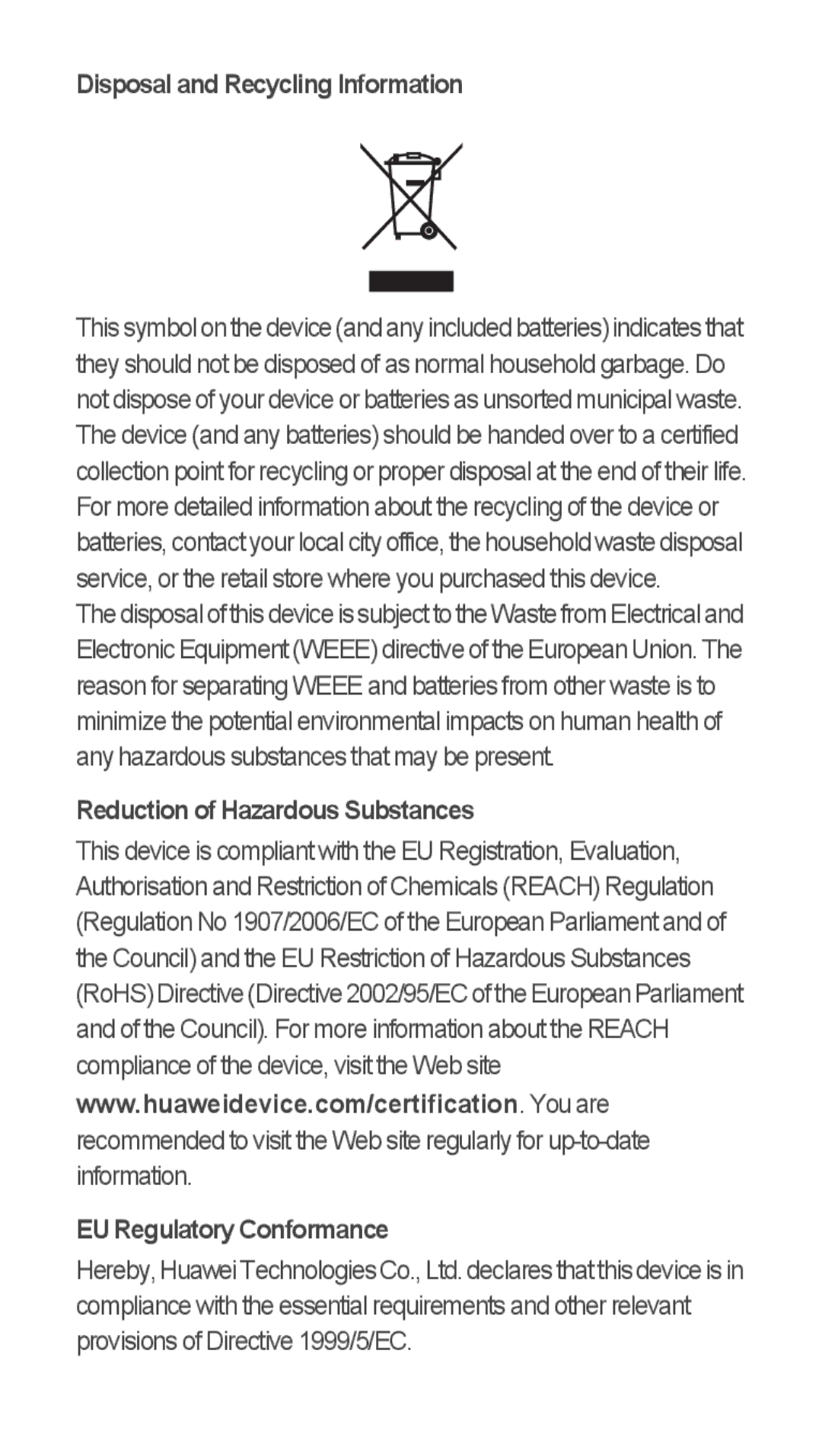 Huawei u8815 quick start Disposal and Recycling Information, Reduction of Hazardous Substances EU Regulatory Conformance 