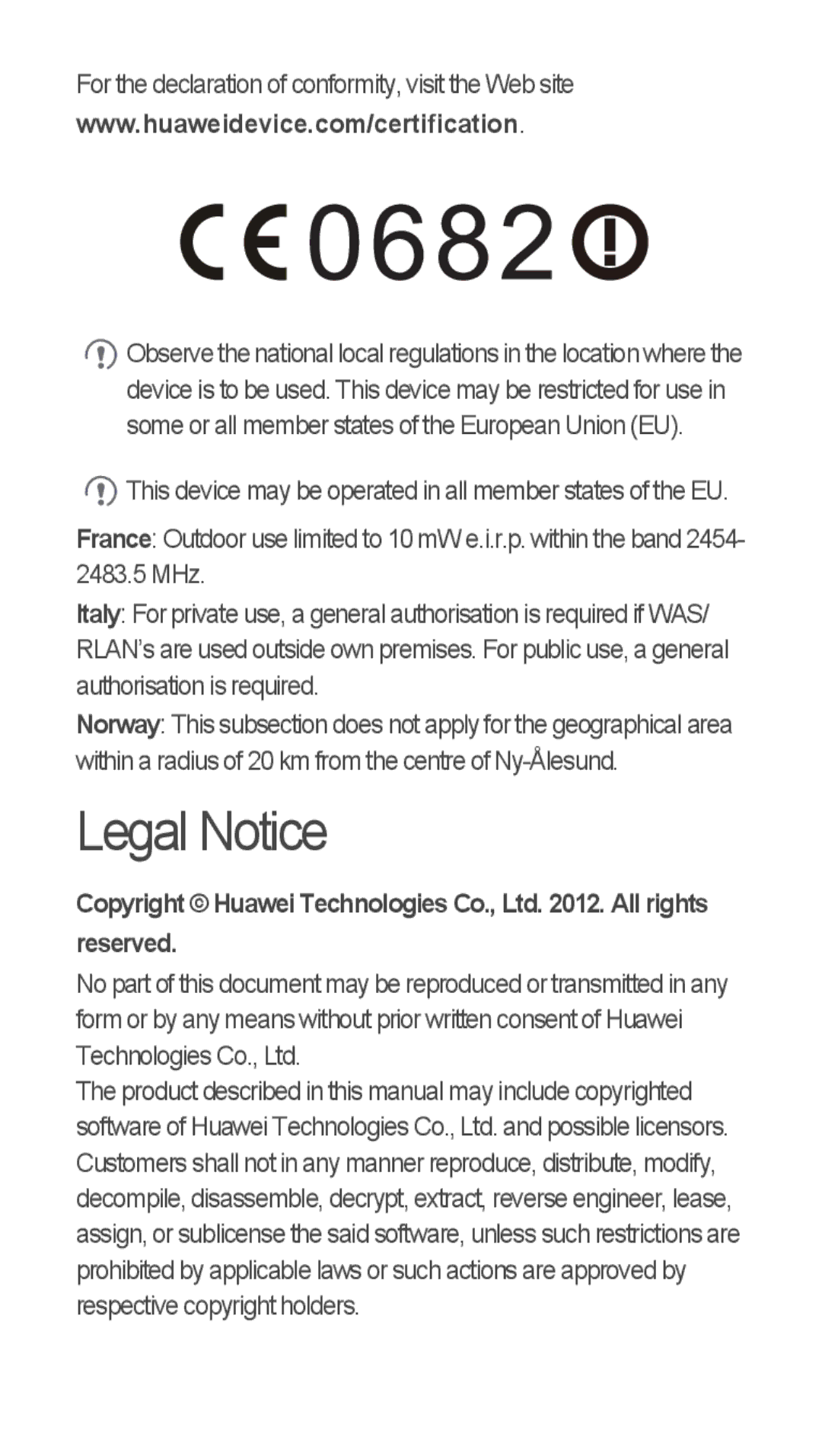 Huawei u8815 quick start Legal Notice, For the declaration of conformity, visit the Web site 