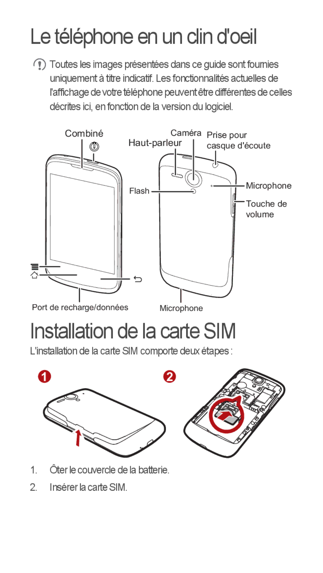 Huawei u8815 quick start Le téléphone en un clin doeil, Installation de la carte SIM 