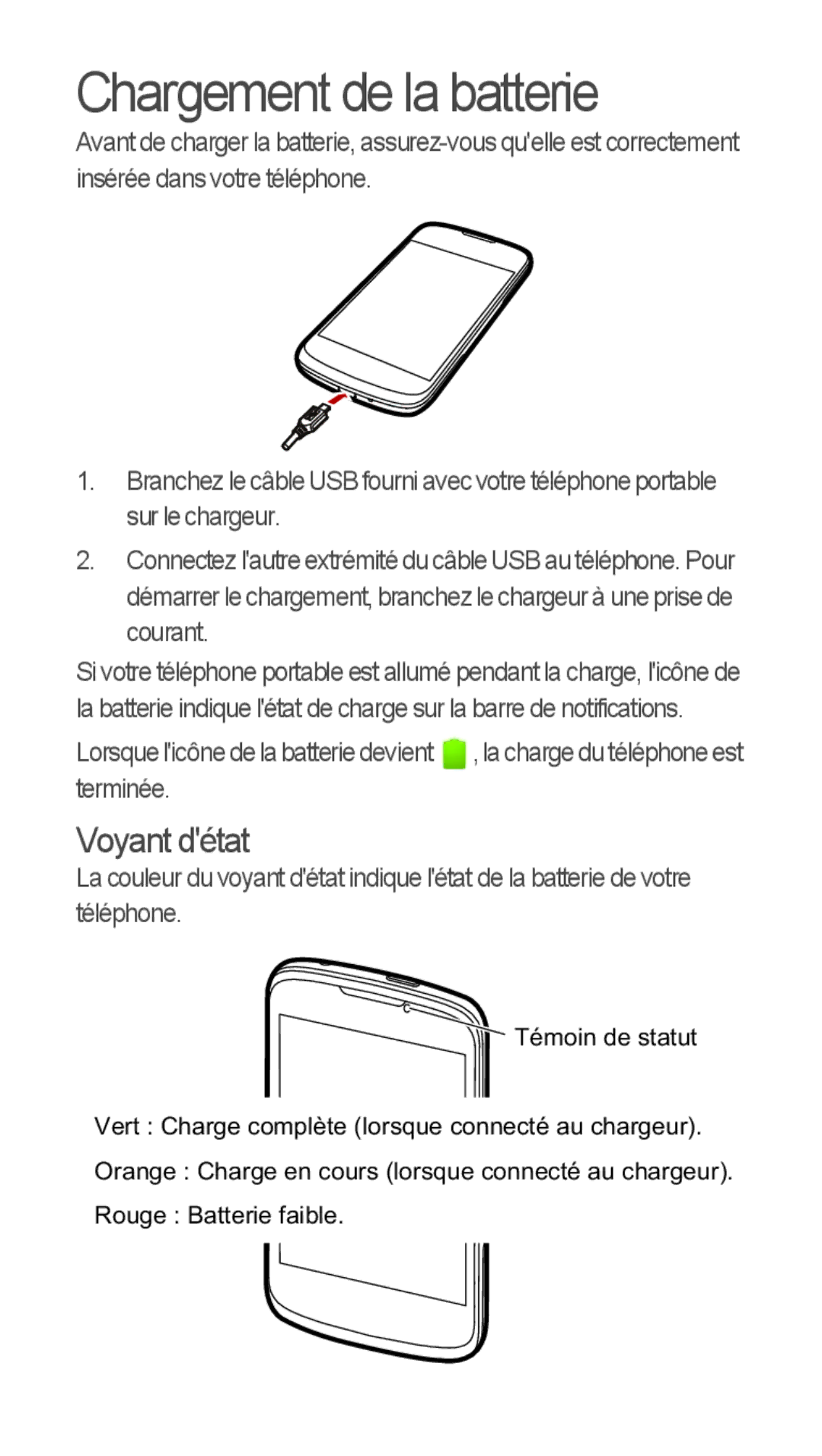 Huawei u8815 quick start Chargement de la batterie, Voyant détat 