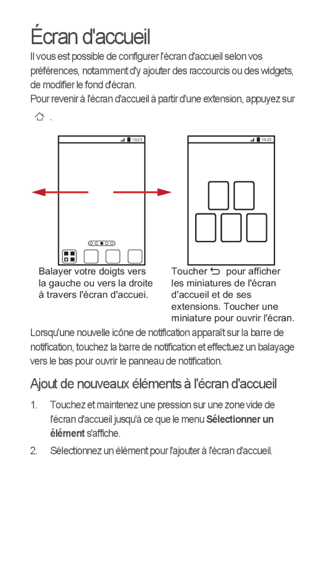 Huawei u8815 quick start Écran daccueil, Ajout de nouveaux éléments à lécran daccueil 