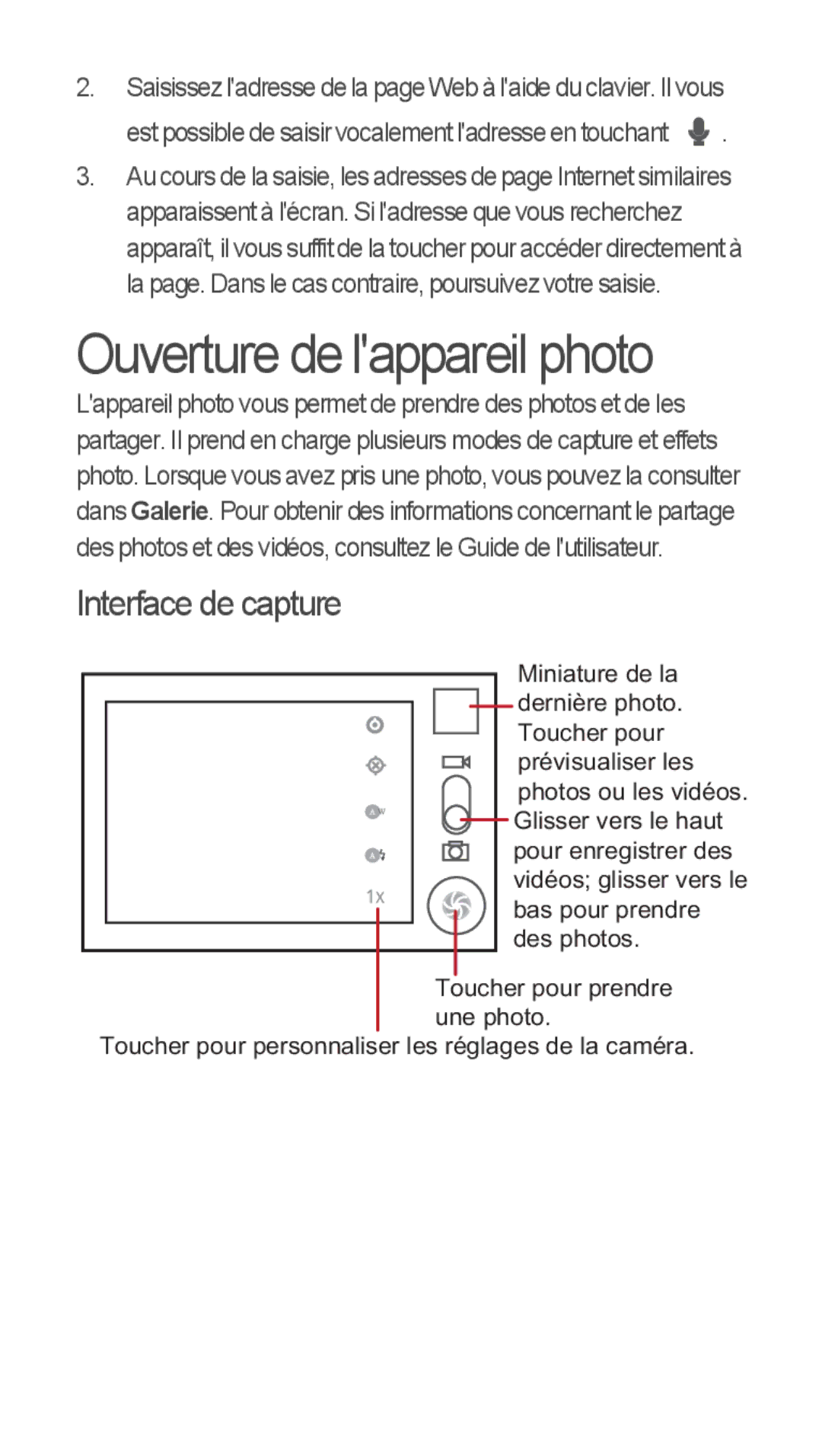 Huawei u8815 quick start Ouverture de lappareil photo, Interface de capture 