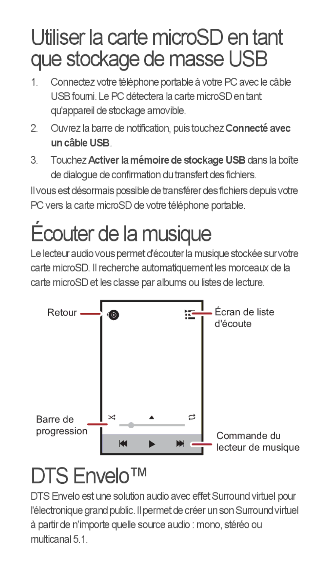 Huawei u8815 quick start Écouter de la musique, Utiliser la carte microSD en tant que stockage de masse USB 