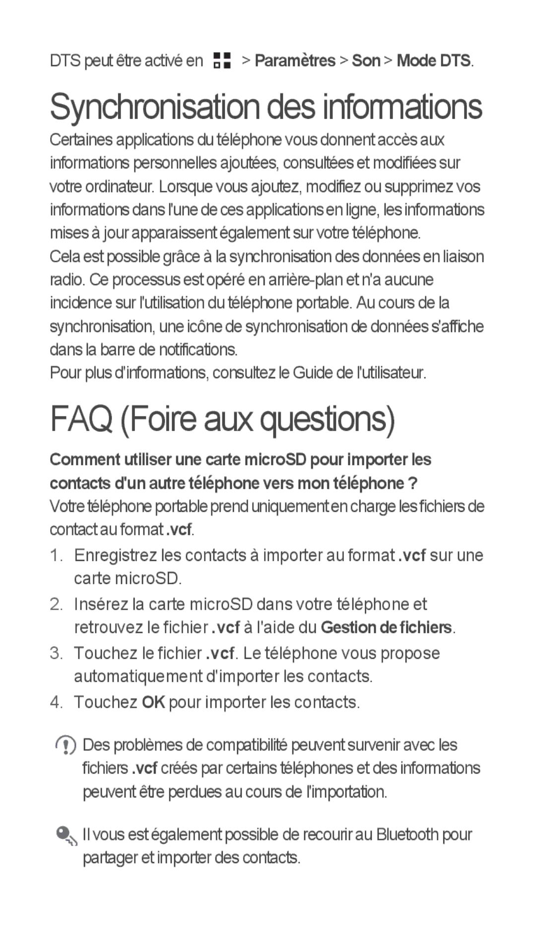 Huawei u8815 quick start FAQ Foire aux questions, DTS peut être activé en Paramètres Son Mode DTS 