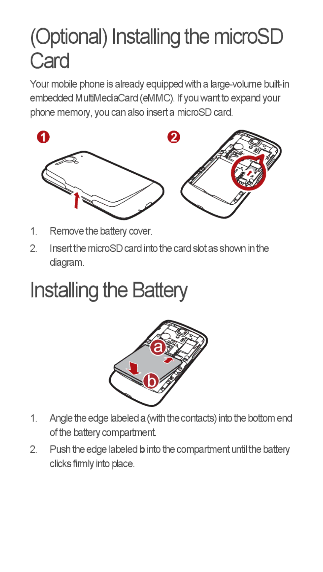 Huawei u8815 quick start Optional Installing the microSD Card, Installing the Battery 