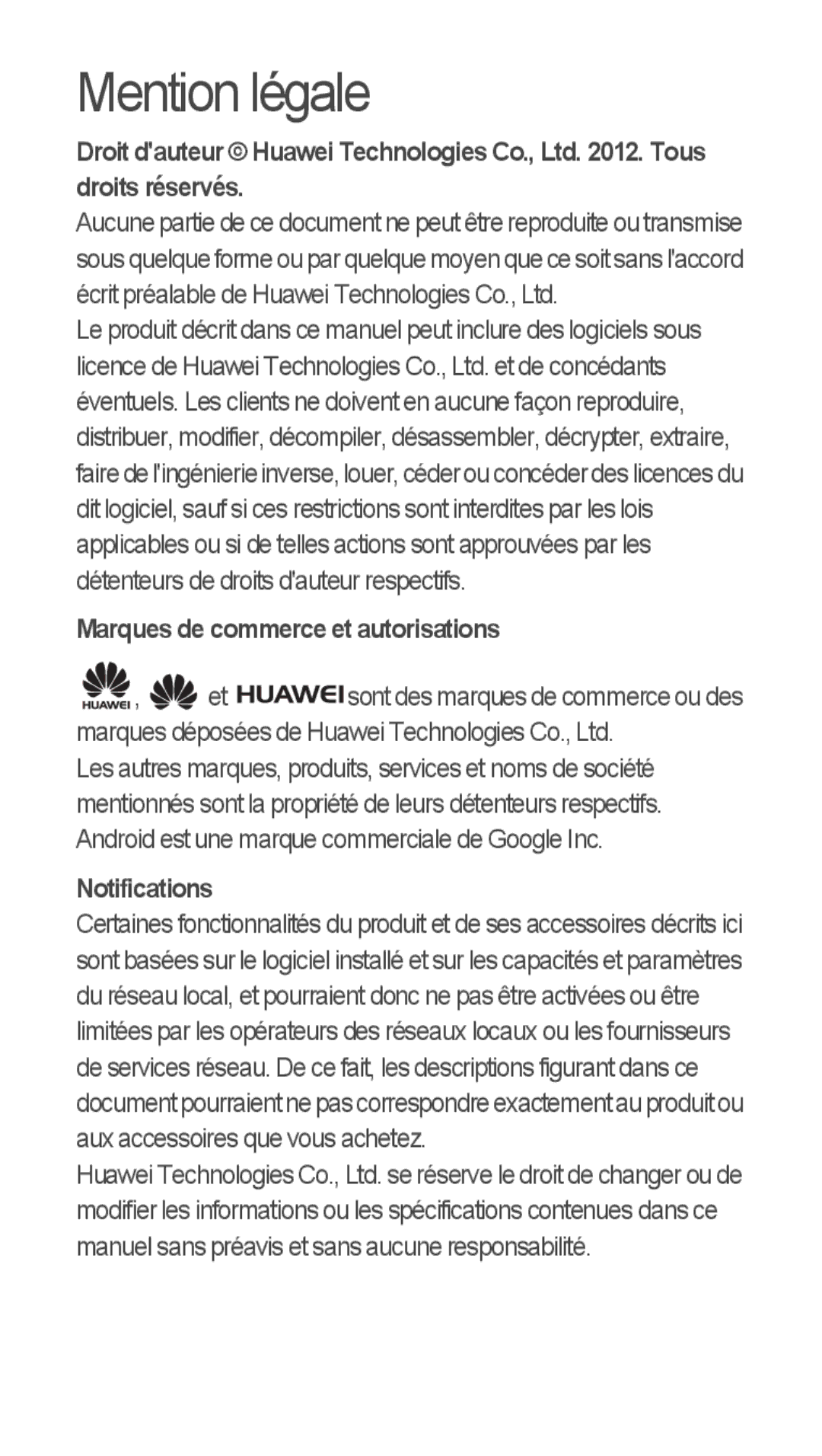 Huawei u8815 quick start Mention légale, Marques de commerce et autorisations, Notifications 