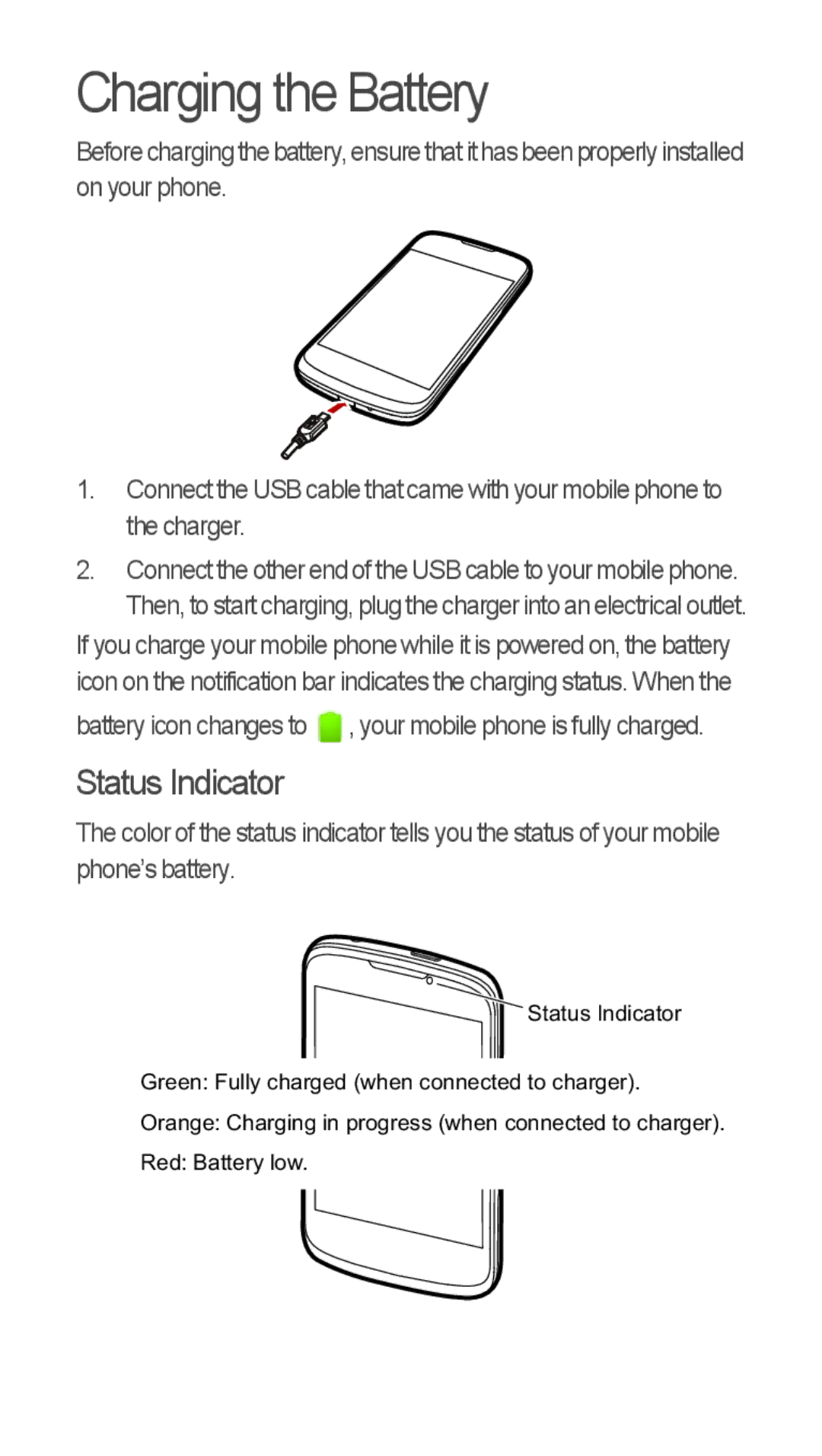 Huawei u8815 quick start Charging the Battery, Status Indicator 