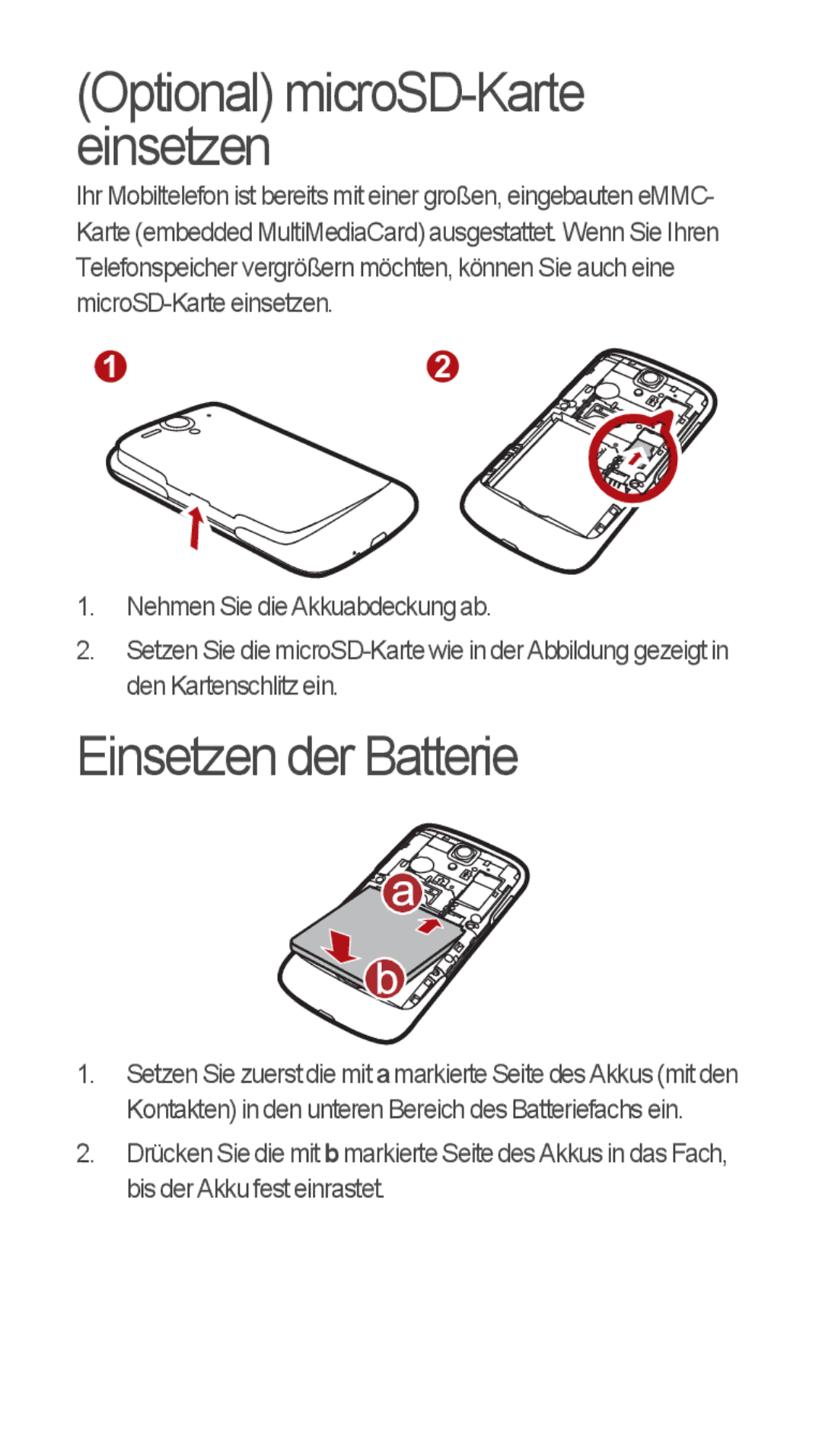 Huawei u8815 quick start Einsetzen der Batterie, Optional microSD-Karte einsetzen 