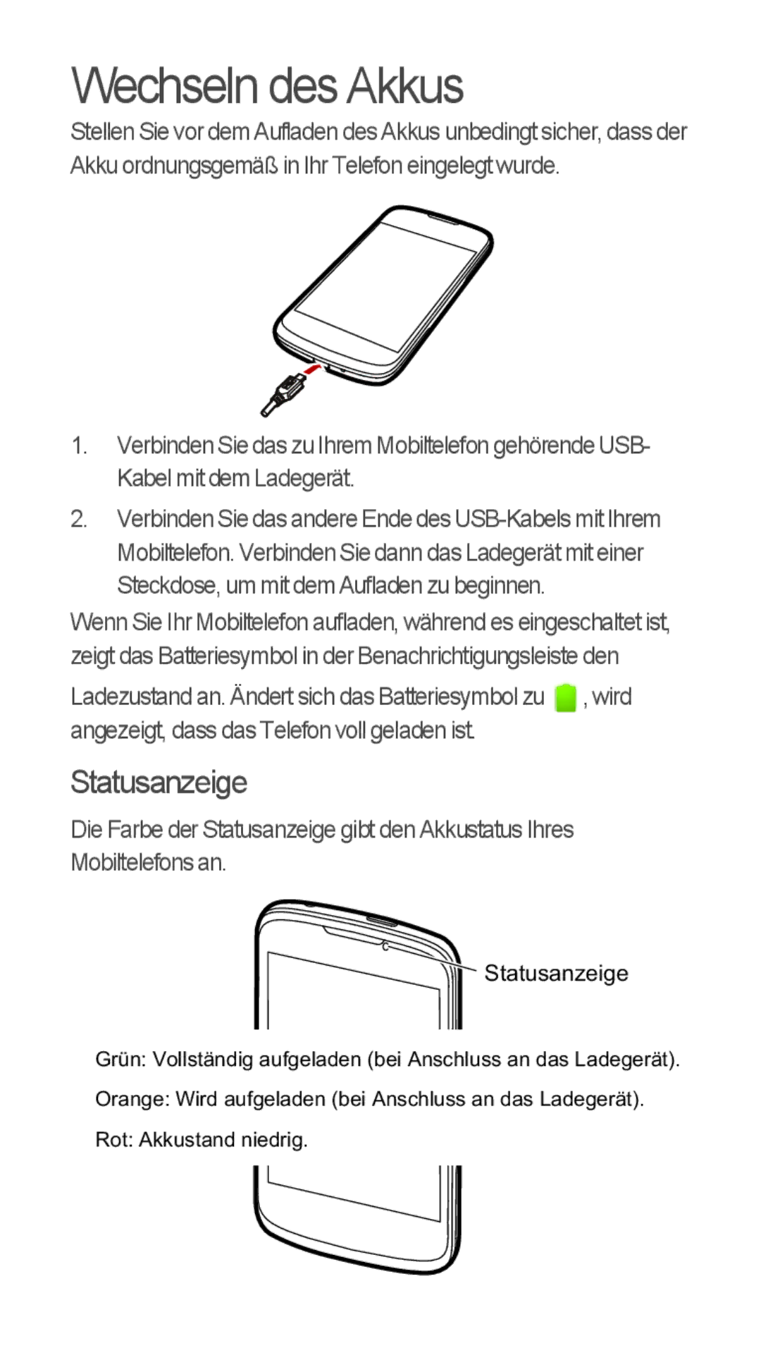 Huawei u8815 quick start Wechseln des Akkus, Statusanzeige 