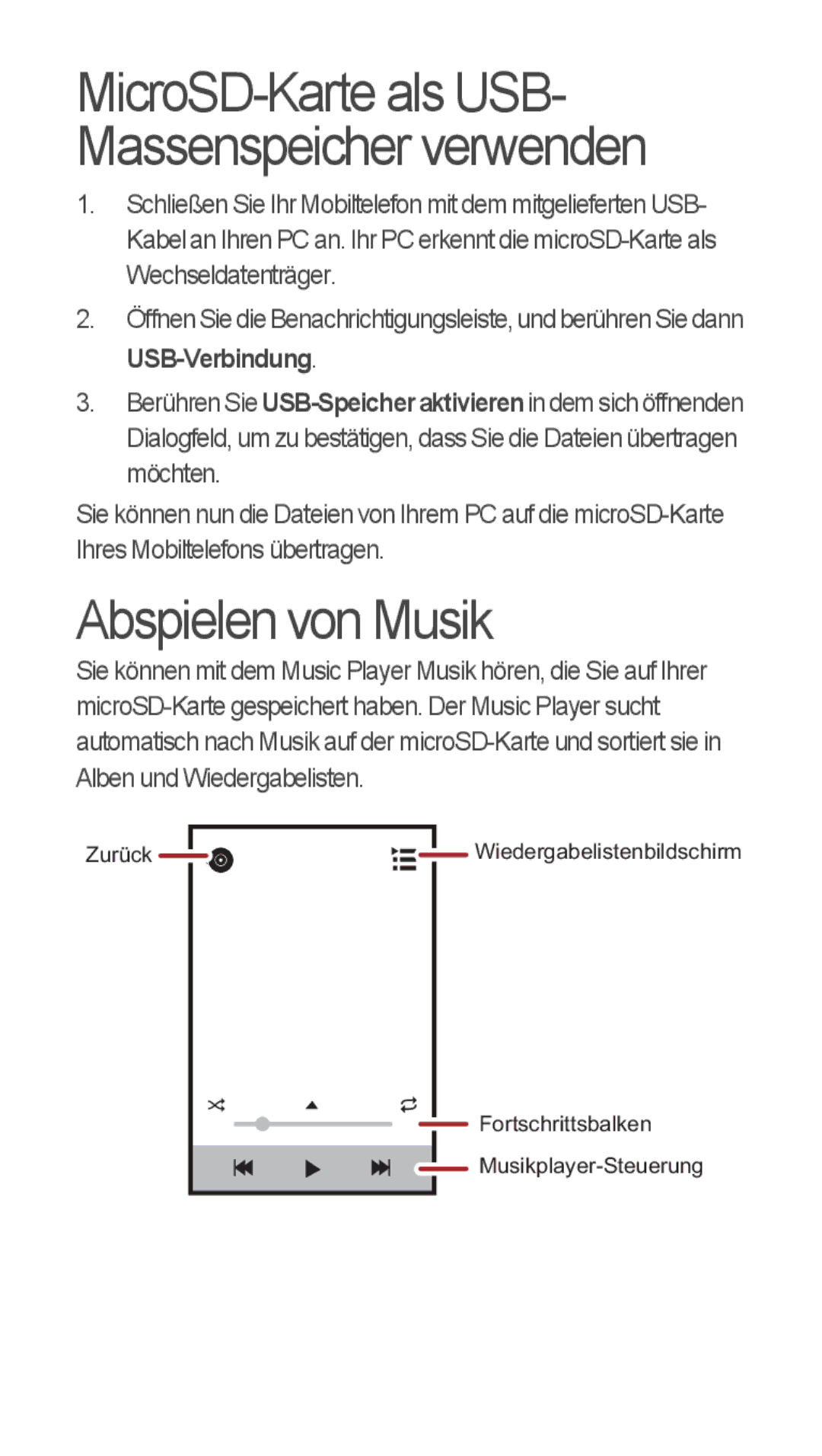 Huawei u8815 quick start Abspielen von Musik, MicroSD-Karte als USB- Massenspeicher verwenden 