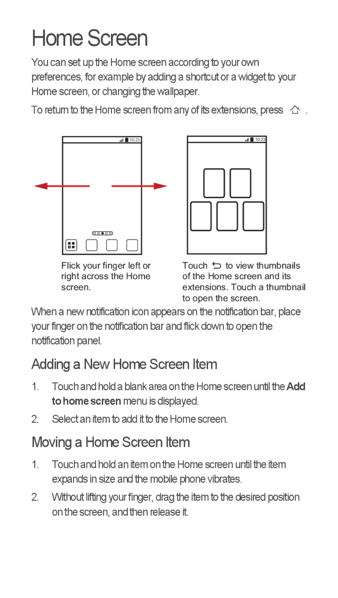 Huawei u8815 quick start Adding a New Home Screen Item, Moving a Home Screen Item 