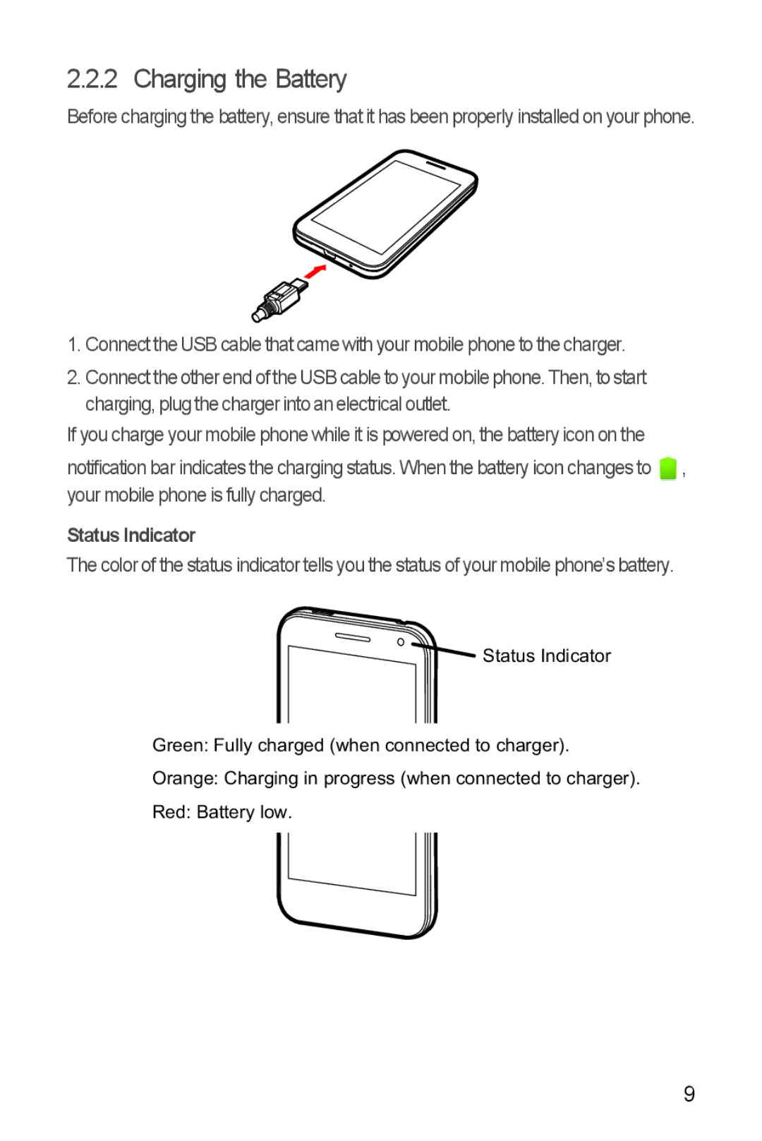 Huawei U8860 manual Charging the Battery, Status Indicator 