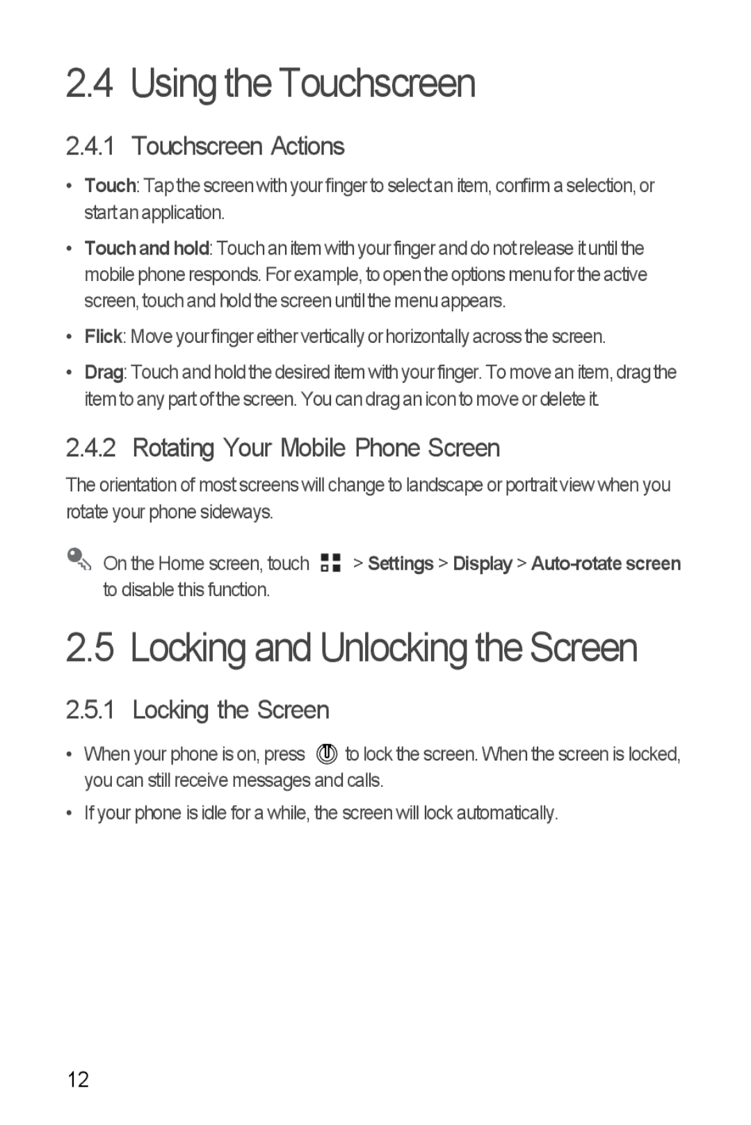 Huawei U8860 manual Using the Touchscreen, Locking and Unlocking the Screen, Touchscreen Actions, Locking the Screen 