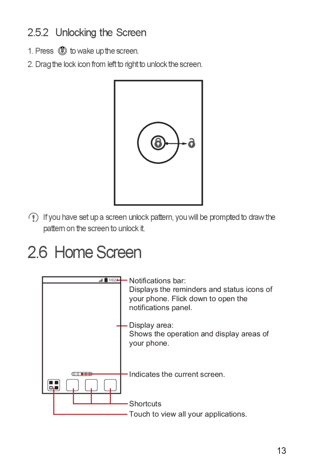 Huawei U8860 manual Home Screen, Unlocking the Screen 