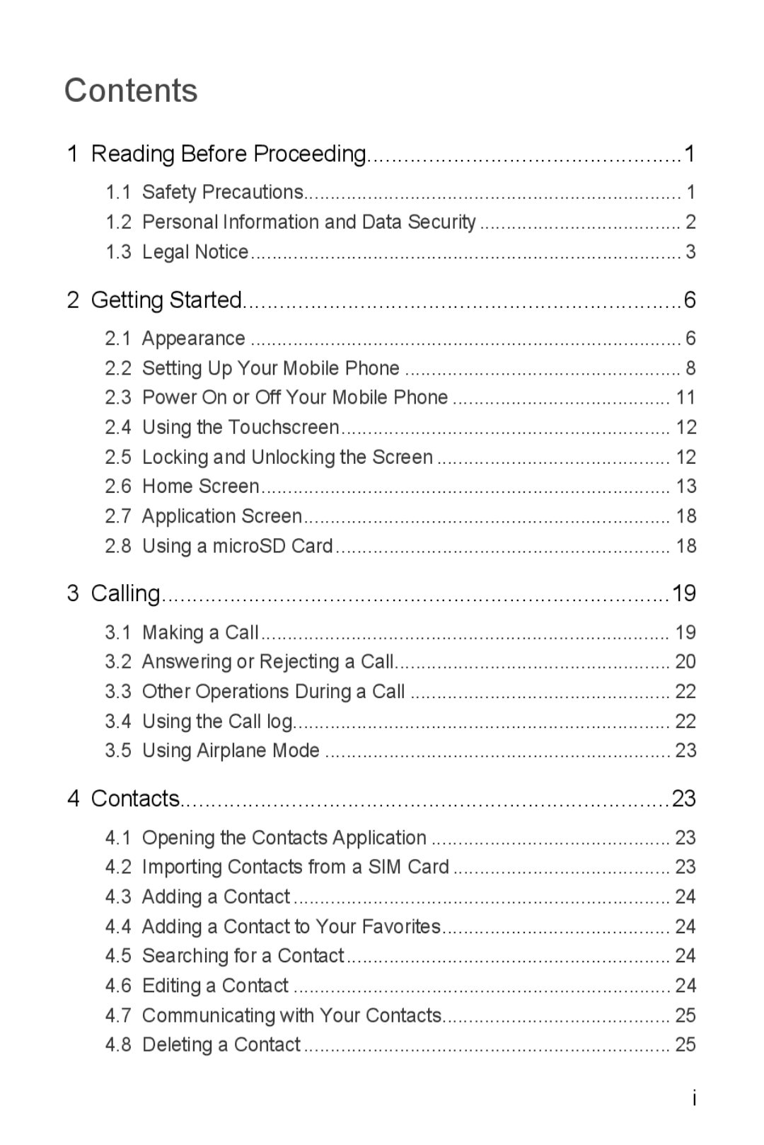 Huawei U8860 manual Contents 