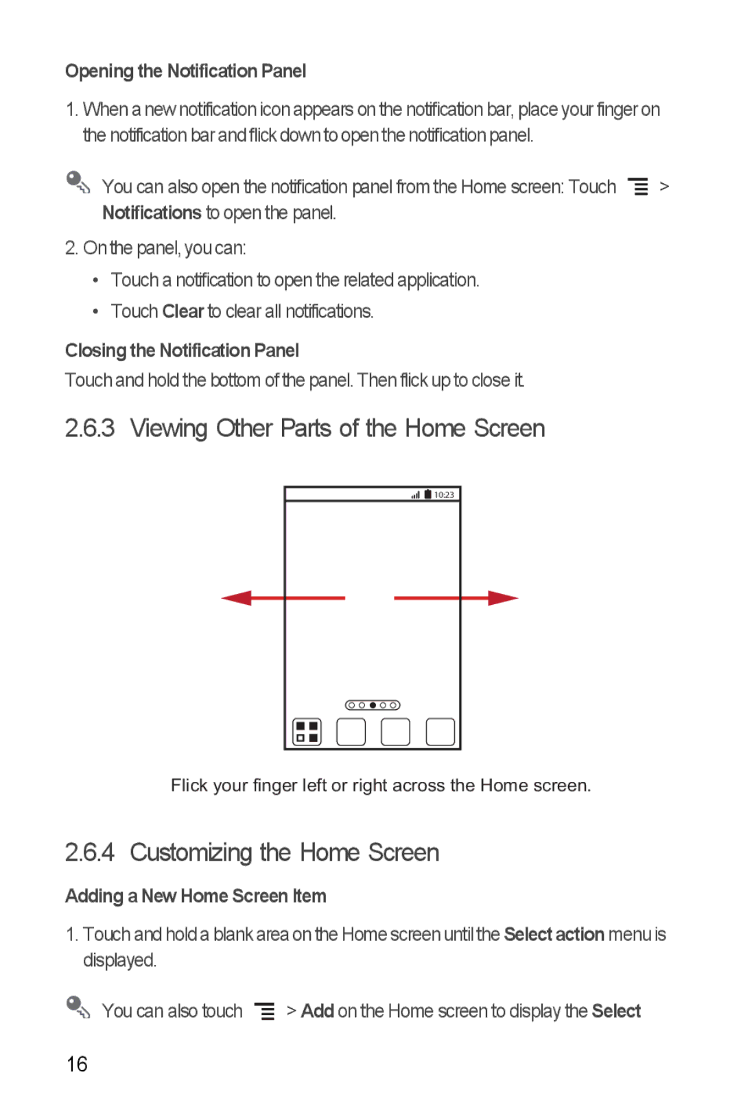 Huawei U8860 manual Viewing Other Parts of the Home Screen, Customizing the Home Screen, Opening the Notification Panel 