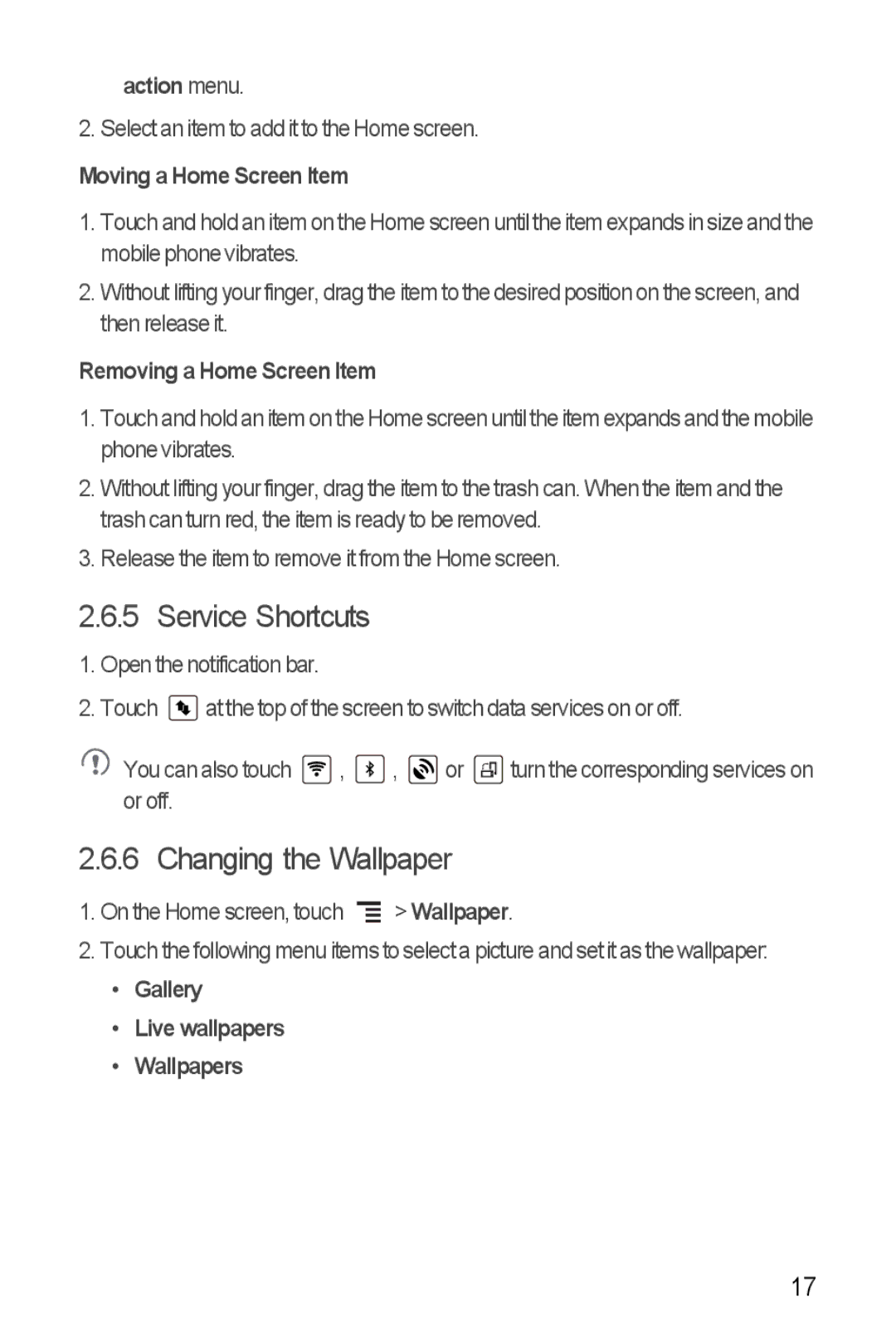 Huawei U8860 manual Service Shortcuts, Changing the Wallpaper 