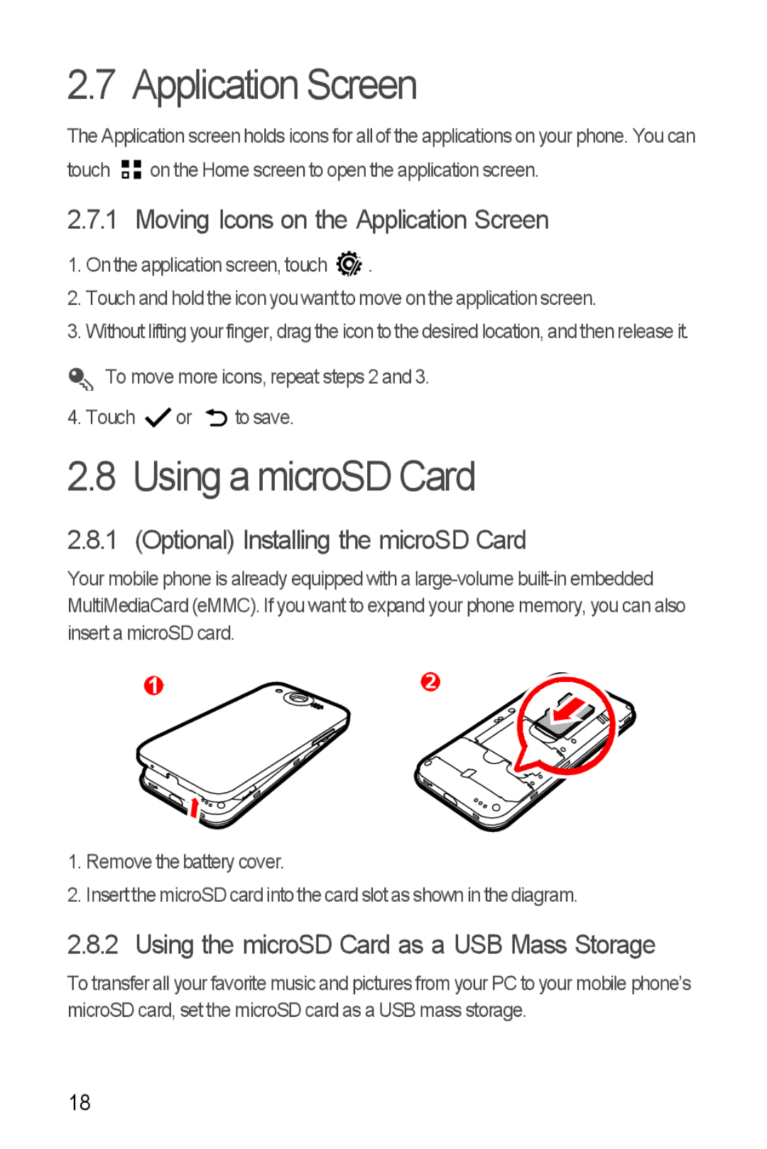 Huawei U8860 manual Using a microSD Card, Moving Icons on the Application Screen, Optional Installing the microSD Card 