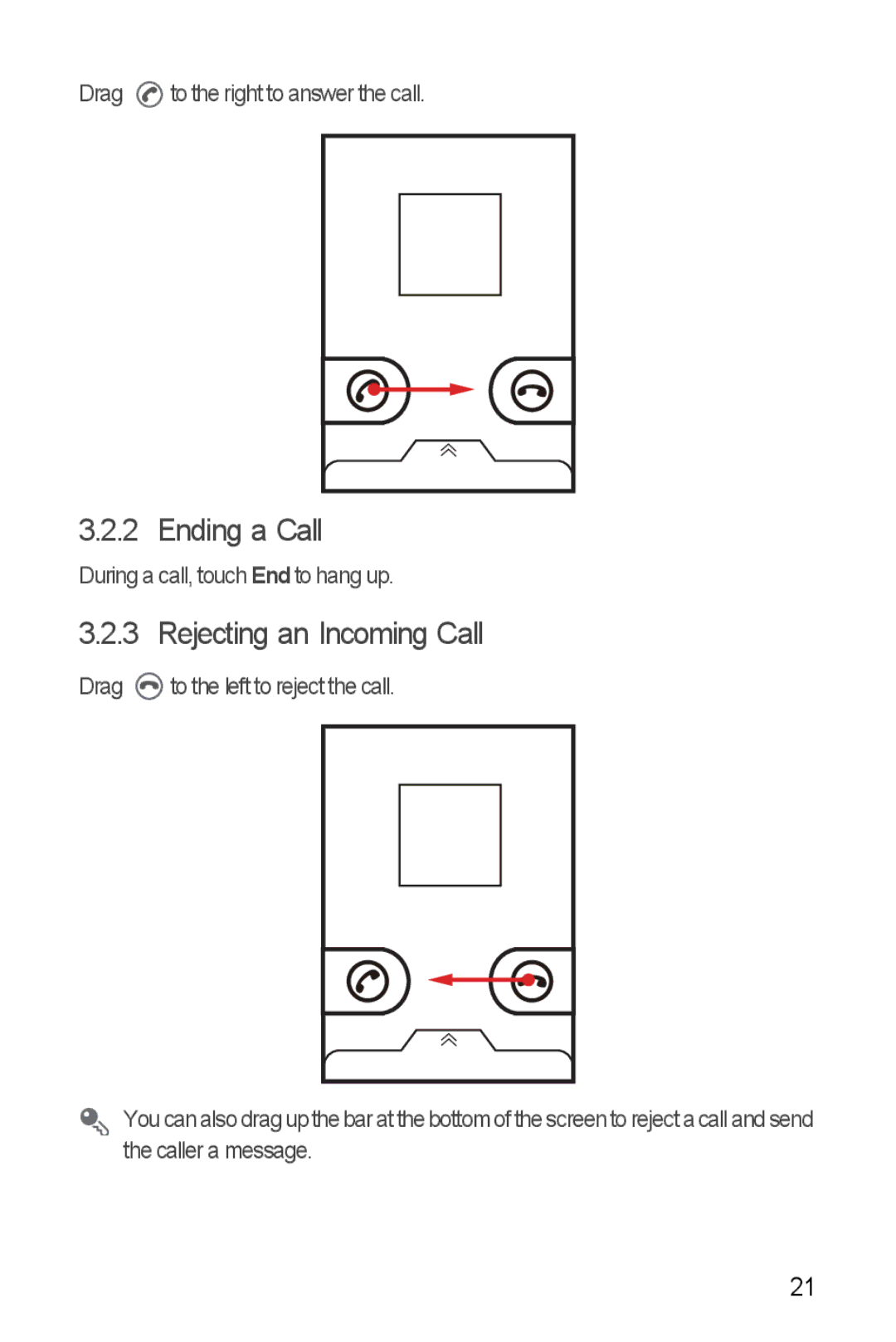 Huawei U8860 manual Ending a Call, Rejecting an Incoming Call 