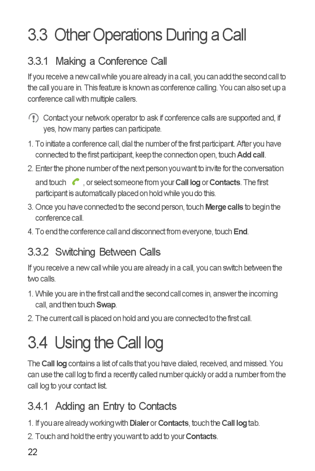 Huawei U8860 manual Other Operations During a Call, Using the Call log, Making a Conference Call, Switching Between Calls 