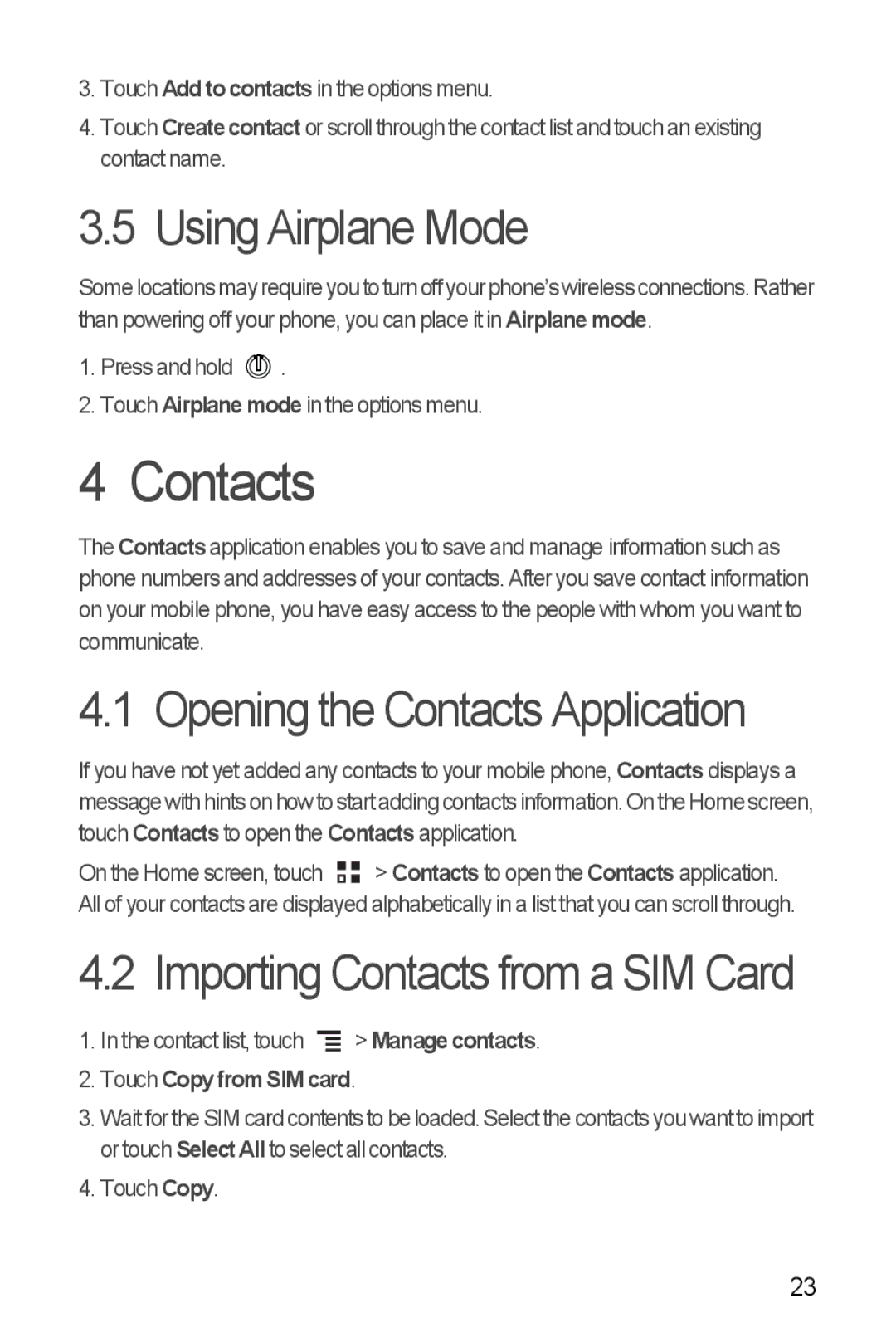 Huawei U8860 manual Using Airplane Mode, Opening the Contacts Application, Importing Contacts from a SIM Card 