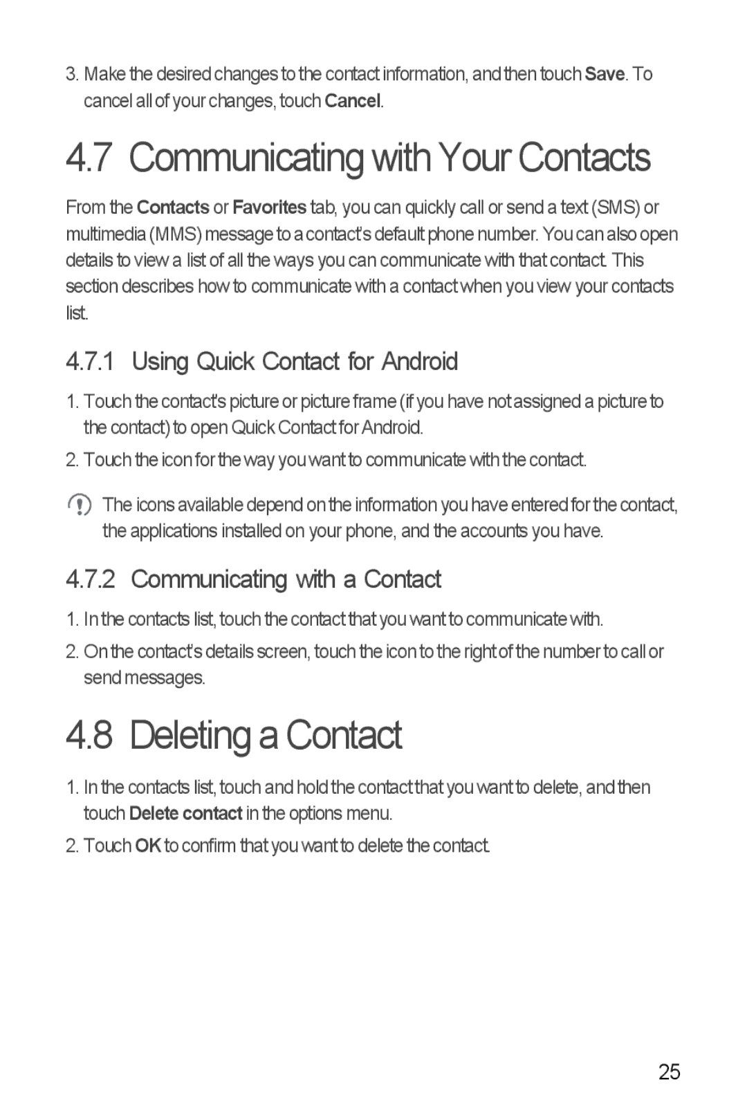 Huawei U8860 manual Communicating with Your Contacts, Deleting a Contact, Using Quick Contact for Android 