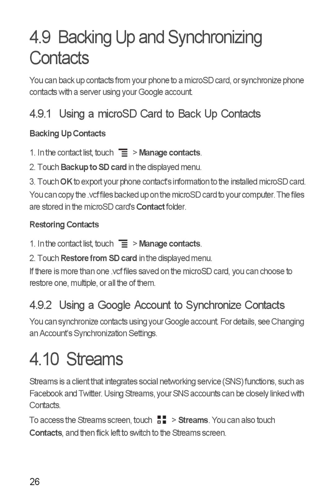 Huawei U8860 manual Backing Up and Synchronizing Contacts, Streams, Using a microSD Card to Back Up Contacts 