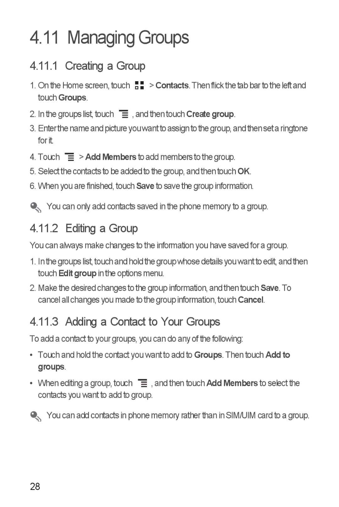 Huawei U8860 manual Managing Groups, Creating a Group, Editing a Group, Adding a Contact to Your Groups 