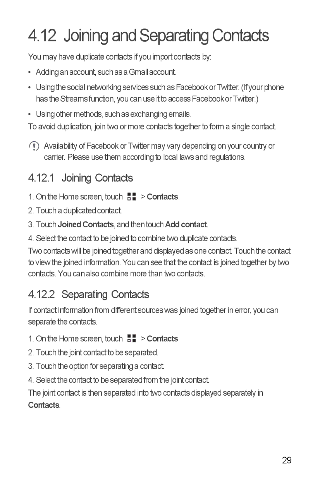 Huawei U8860 manual Joining and Separating Contacts, Joining Contacts, Touch Joined Contacts, and then touch Add contact 