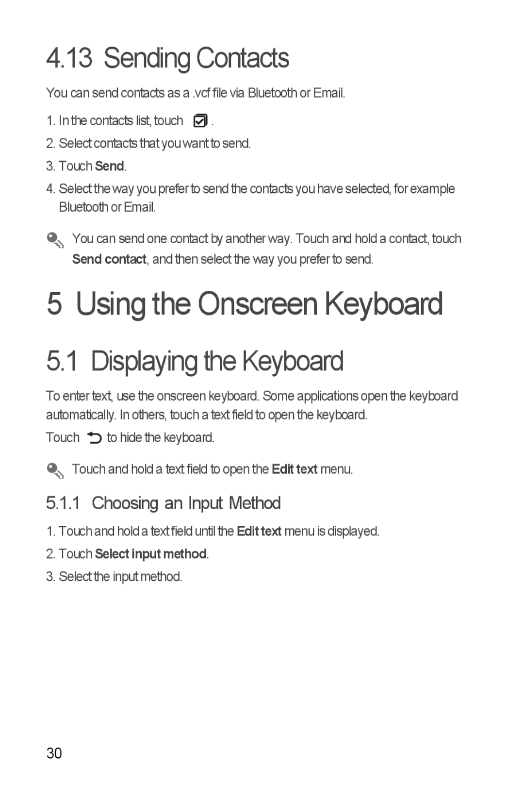 Huawei U8860 manual Using the Onscreen Keyboard, Sending Contacts, Displaying the Keyboard, Choosing an Input Method 