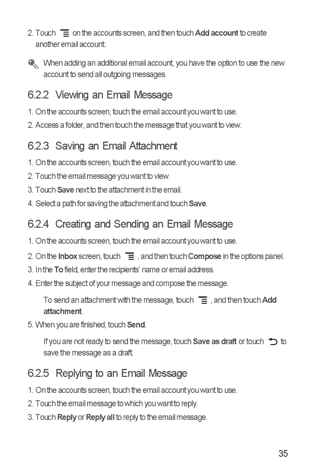 Huawei U8860 manual Viewing an Email Message, Saving an Email Attachment, Creating and Sending an Email Message 