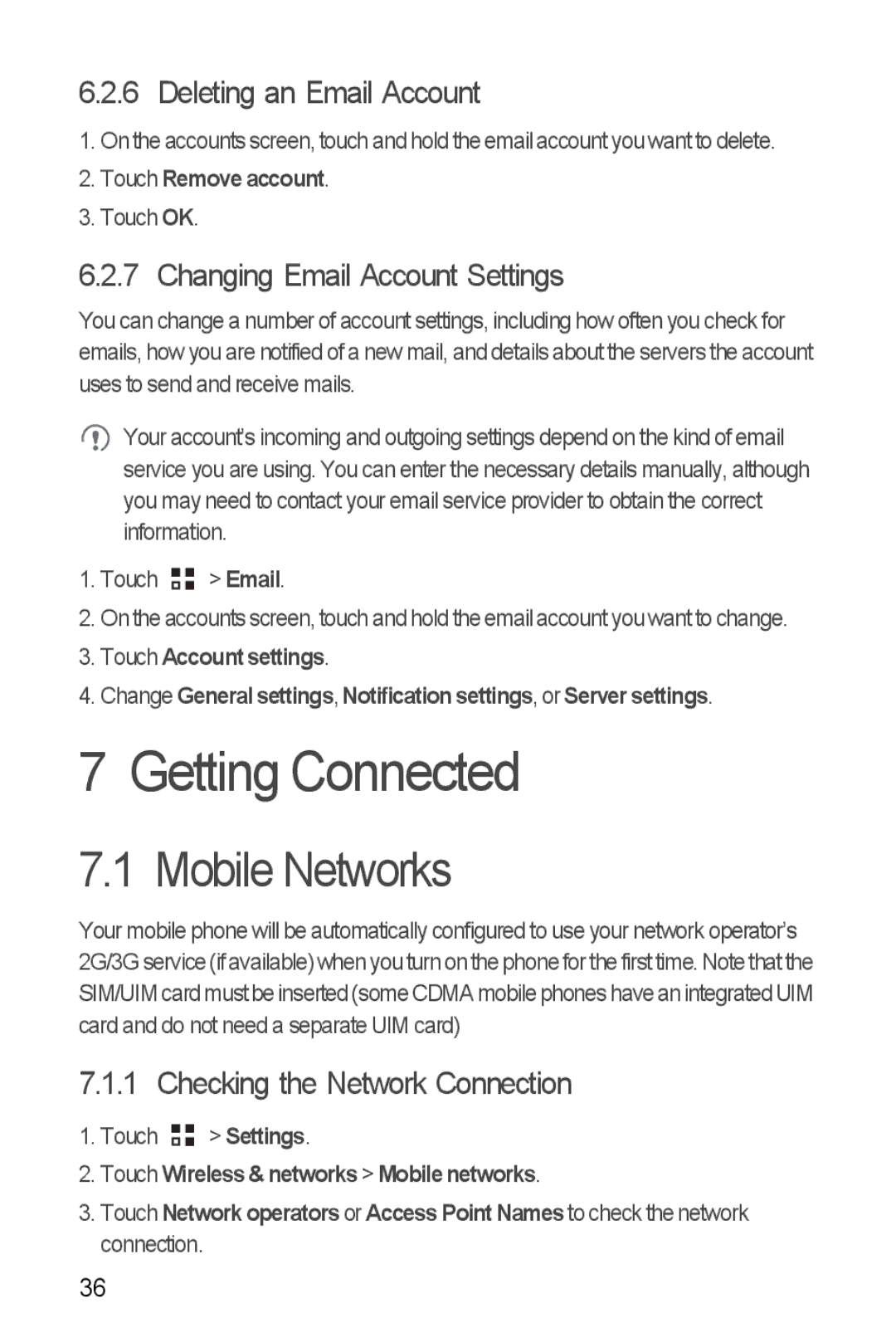 Huawei U8860 manual Getting Connected, Mobile Networks, Deleting an Email Account, Changing Email Account Settings 