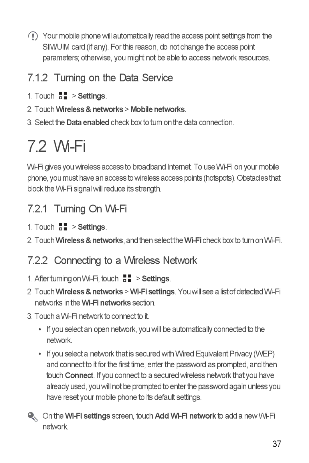 Huawei U8860 manual Turning on the Data Service, Turning On Wi-Fi, Connecting to a Wireless Network 