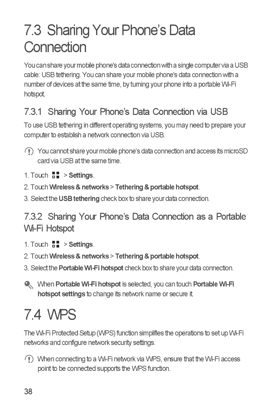 Huawei U8860 manual Wps, Sharing Your Phone’s Data Connection via USB 