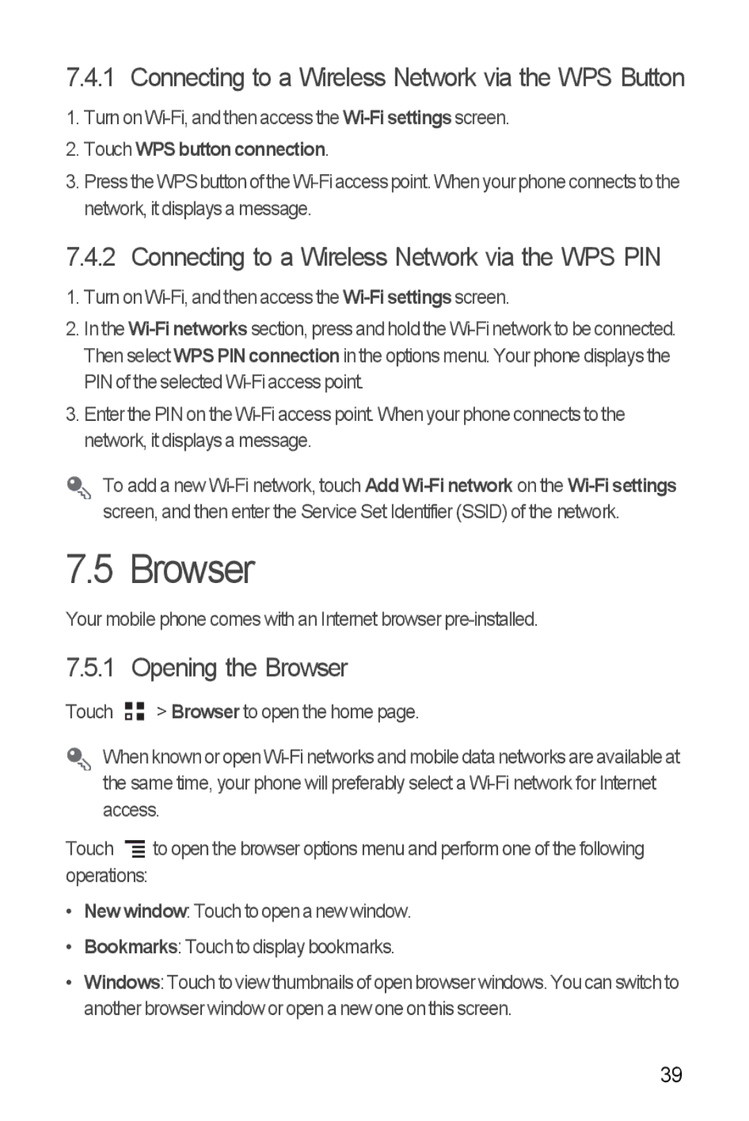 Huawei U8860 manual Connecting to a Wireless Network via the WPS PIN, Opening the Browser, Touch WPS button connection 