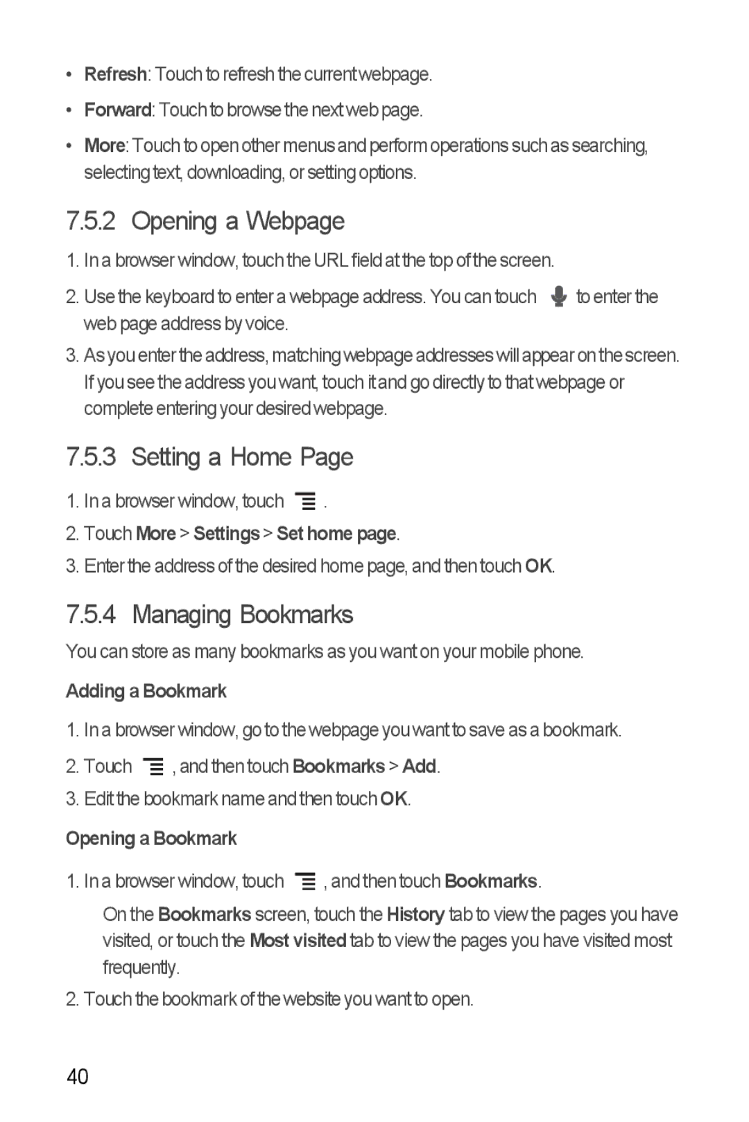 Huawei U8860 manual Opening a Webpage, Setting a Home, Managing Bookmarks 