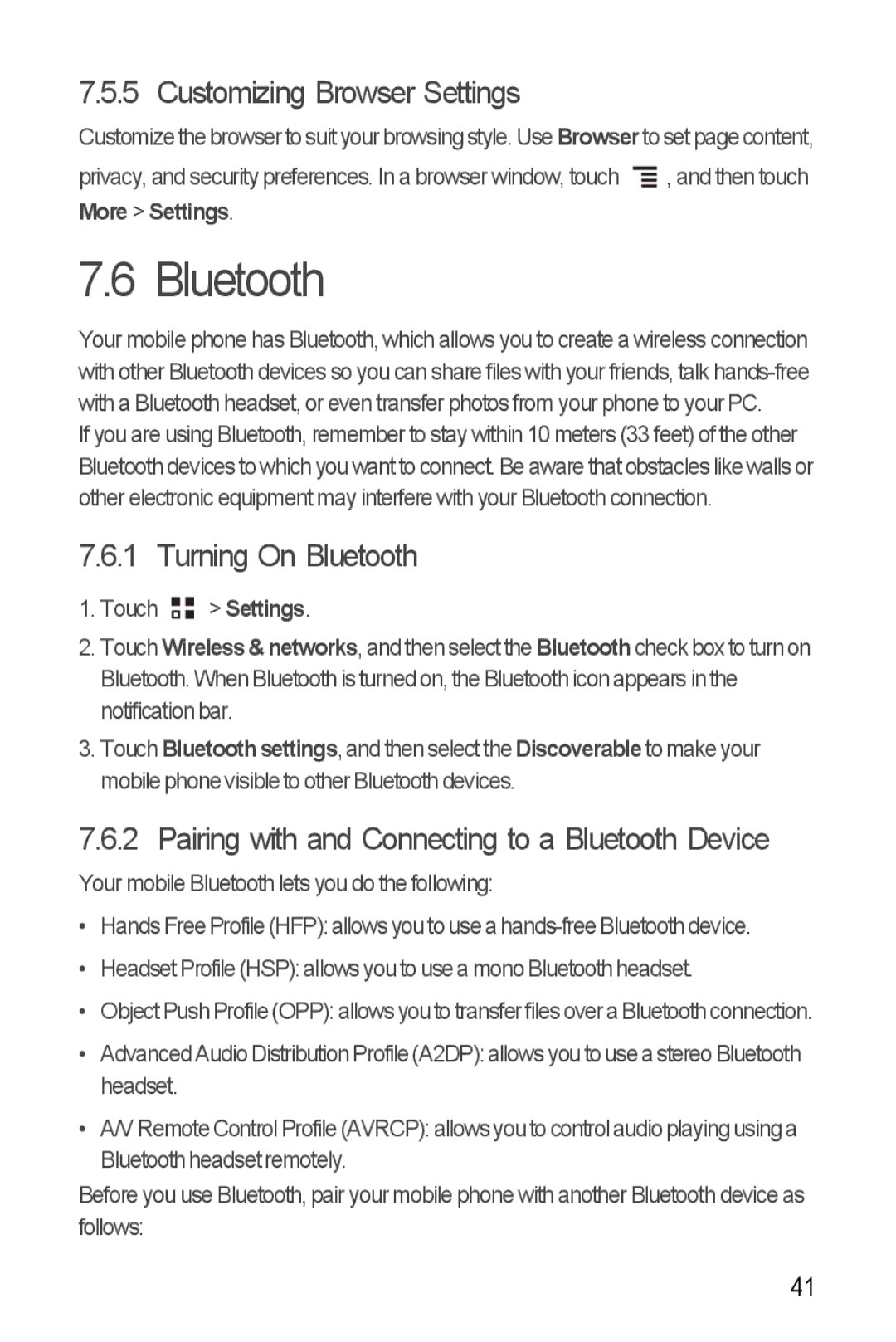 Huawei U8860 Customizing Browser Settings, Turning On Bluetooth, Pairing with and Connecting to a Bluetooth Device 