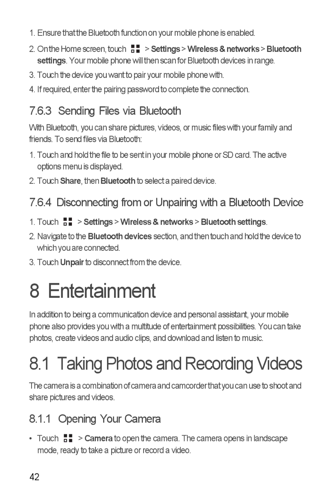 Huawei U8860 manual Entertainment, Sending Files via Bluetooth, Opening Your Camera 
