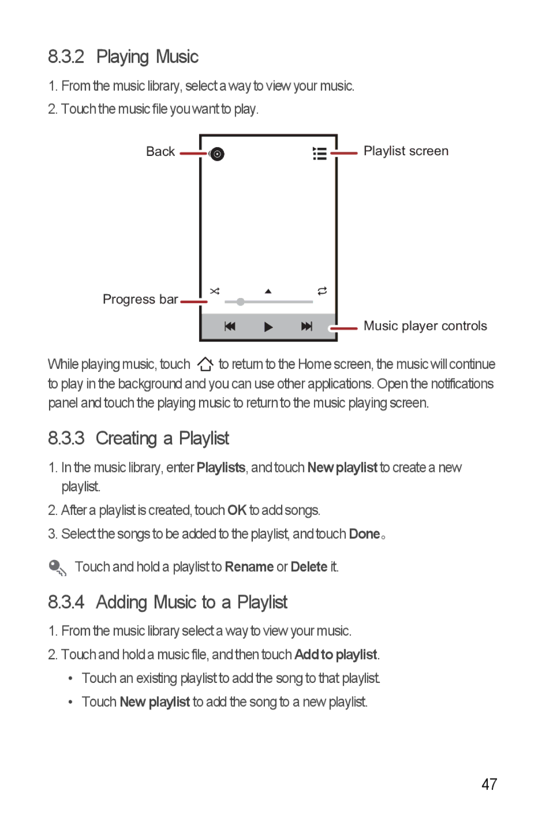 Huawei U8860 manual Playing Music, Creating a Playlist, Adding Music to a Playlist 