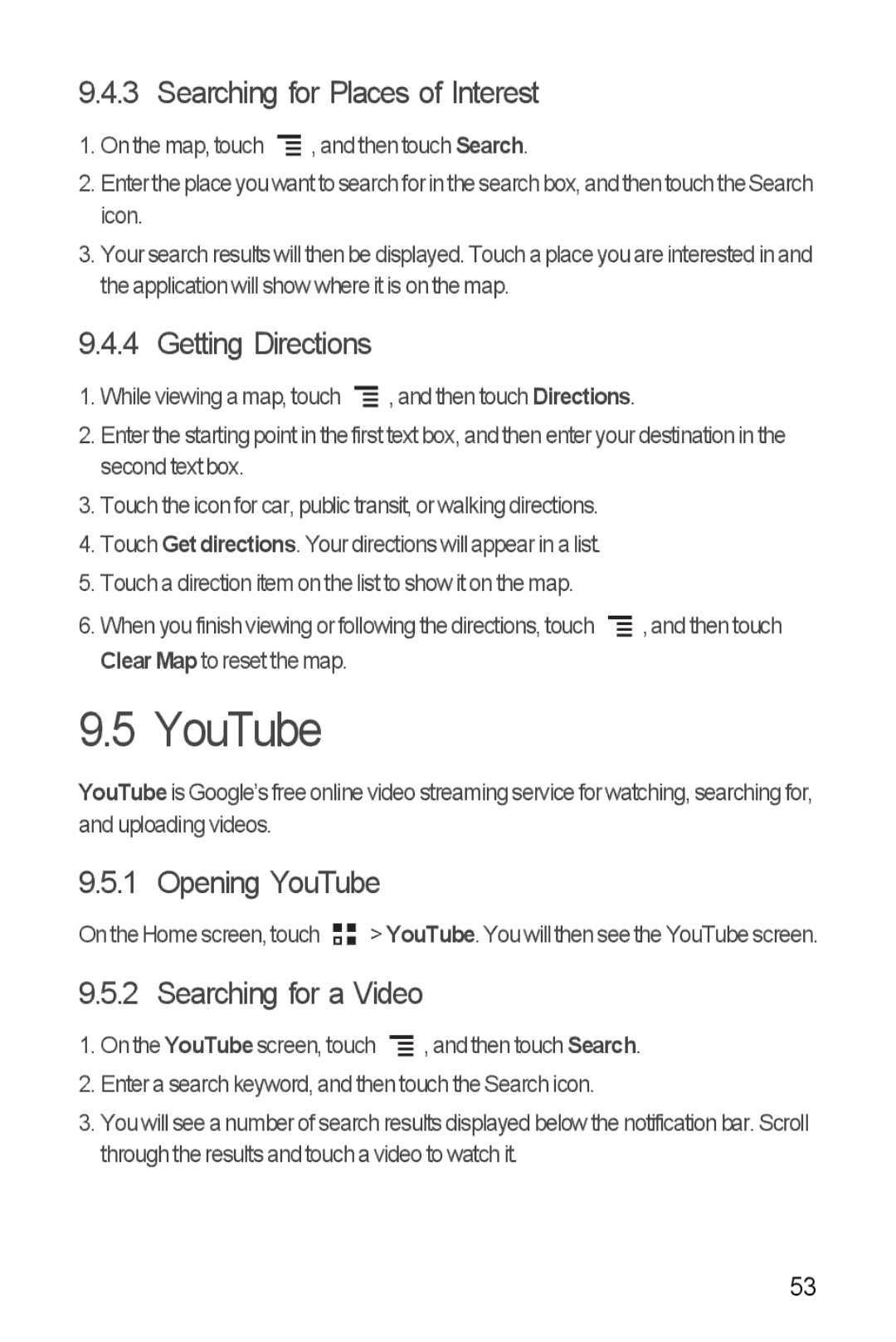 Huawei U8860 manual Searching for Places of Interest, Getting Directions, Opening YouTube, Searching for a Video 