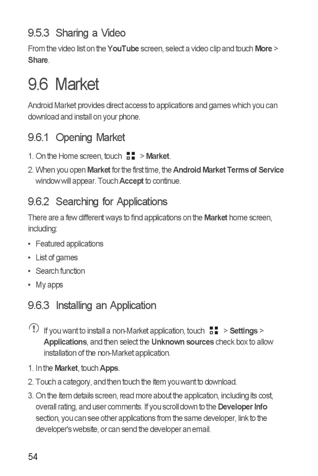 Huawei U8860 manual Sharing a Video, Opening Market, Searching for Applications, Installing an Application 