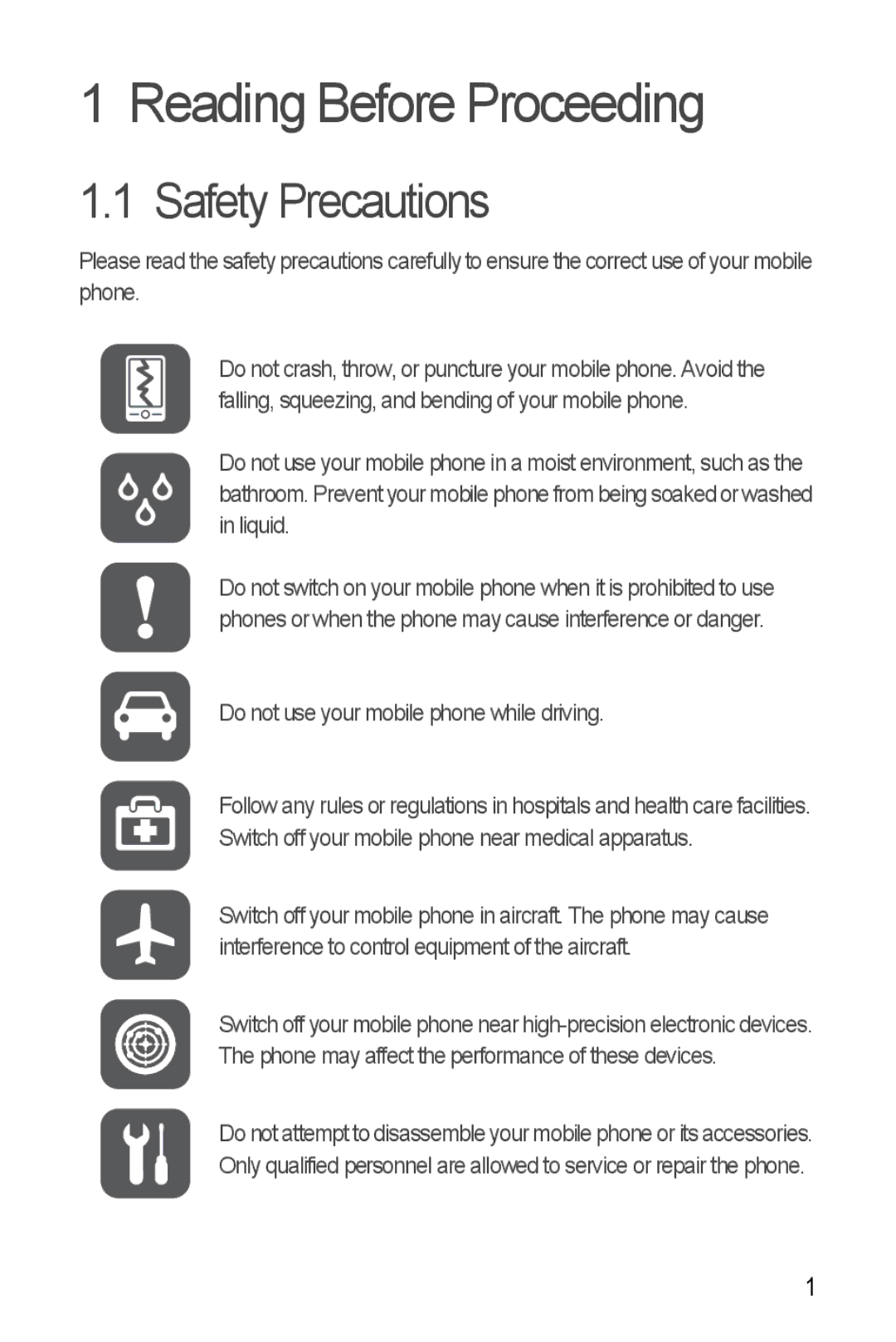 Huawei U8860 manual Reading Before Proceeding, Safety Precautions 