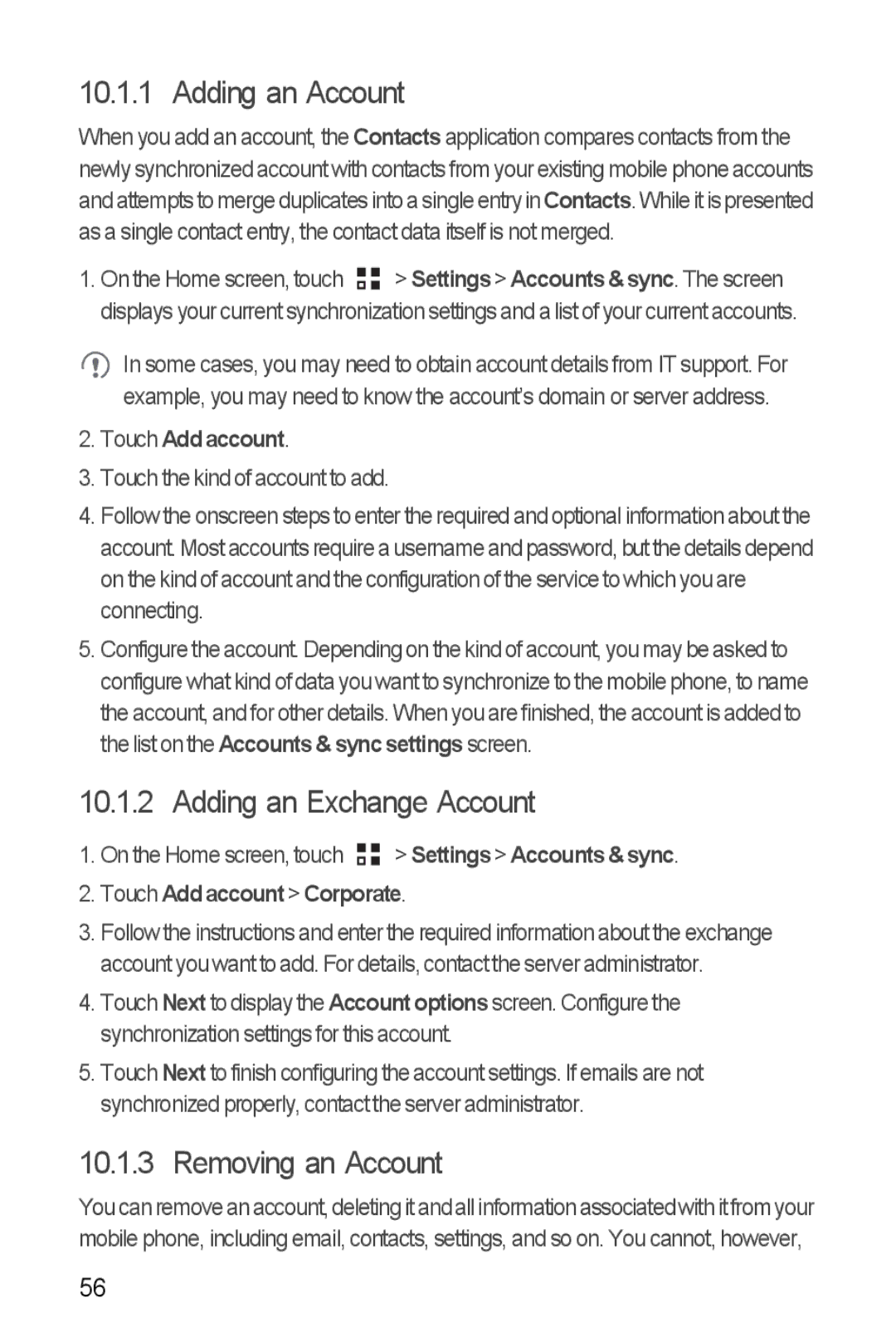 Huawei U8860 manual Adding an Account, Adding an Exchange Account, Removing an Account, Touch Add account 