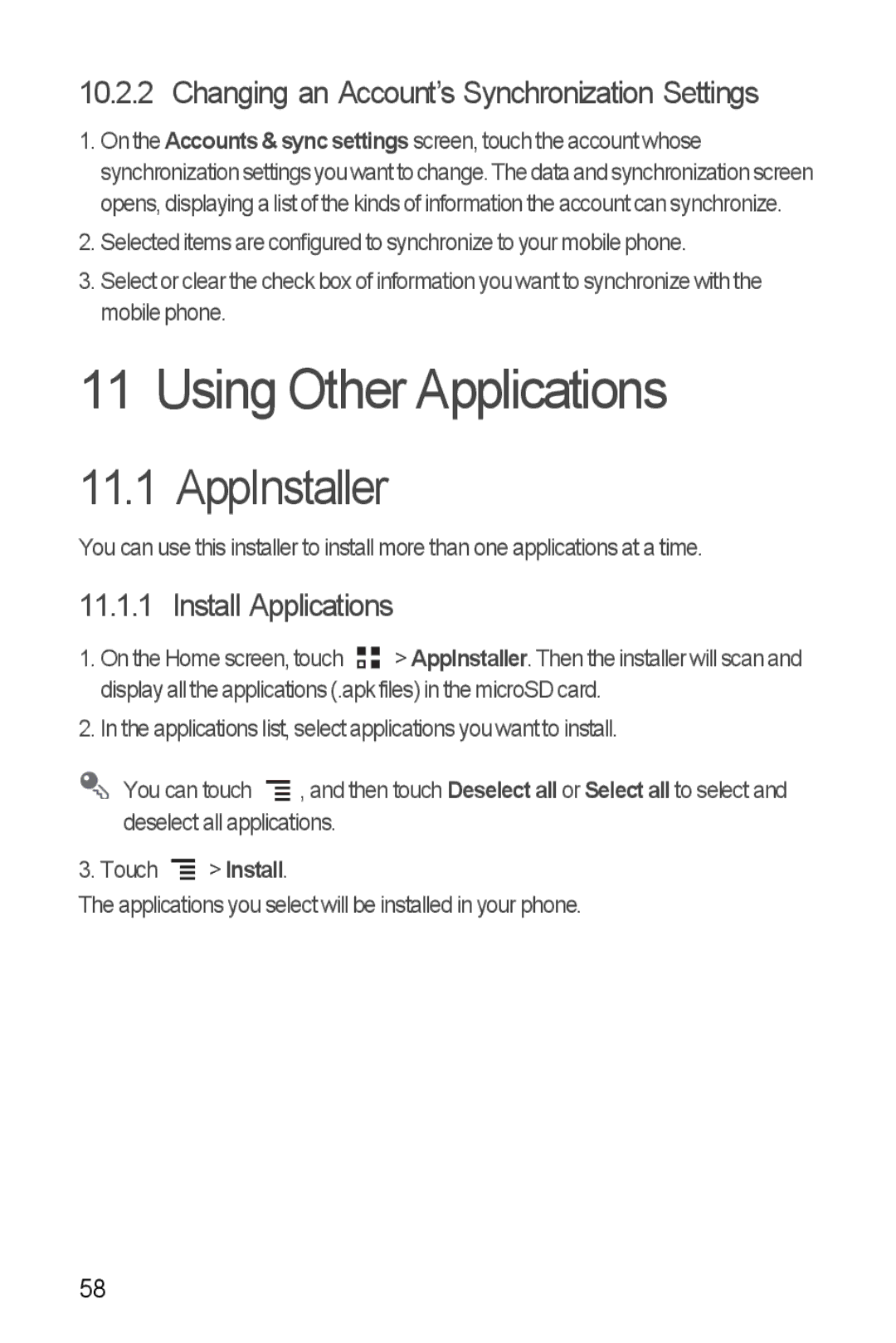 Huawei U8860 Using Other Applications, AppInstaller, Changing an Account’s Synchronization Settings, Install Applications 