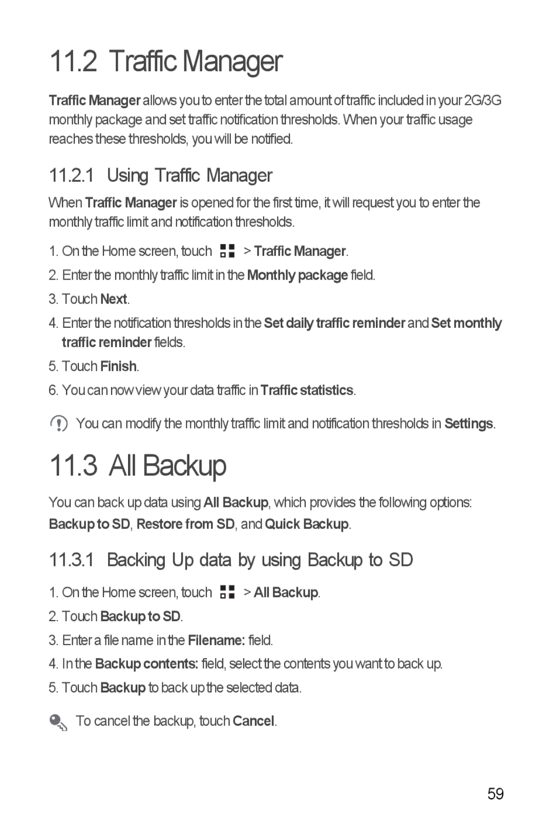 Huawei U8860 manual All Backup, Using Traffic Manager, Backing Up data by using Backup to SD, Touch Backup to SD 