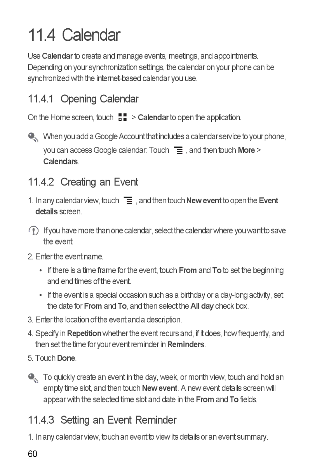 Huawei U8860 manual Opening Calendar, Creating an Event, Setting an Event Reminder 